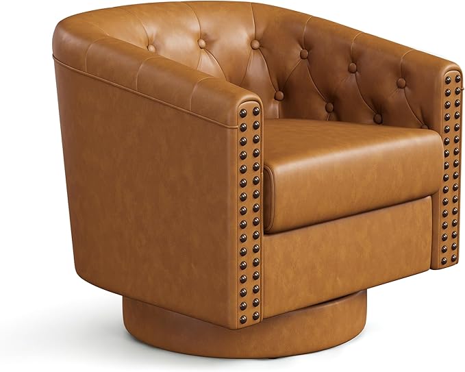 Swivel Barrel Accent Chair,Round Nailhead Faux Leather Living Room Arm Chairs,Modern Upholstered Comfty Reading Nook Chairs for Bedroom,Small Club Armchair,Single Sofa Side Chair,Caramel Brown
