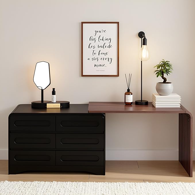 6 Drawer Dresser with Extendable Table, L-Shaped Desk Vanity Combo, 47" Wood Dresser & Chest of Drawers, Modern Closet Clothes Storage Dressers Organizer for Bedroom Living Room Hallway, Black