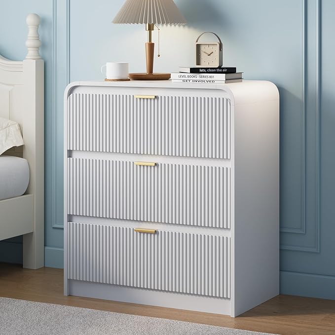 FURSUN 32" Tall Fluted Nightstand, 3 Drawers Wooden End Table w/Storage, Curved Profile Design, Modern Bedside Table for Bedroom, Solid White