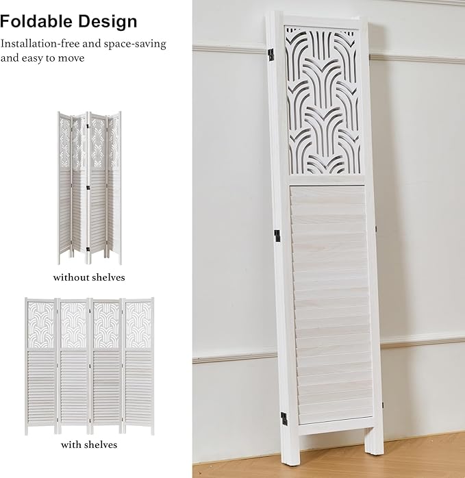 Svimi Folding Room Divider, 66.9 Inch 4 Panels Wood Carved Privacy Screens, Free Assembled Freestanding Portable Separation Wall for Home Office Restaurant Bedroom (White)