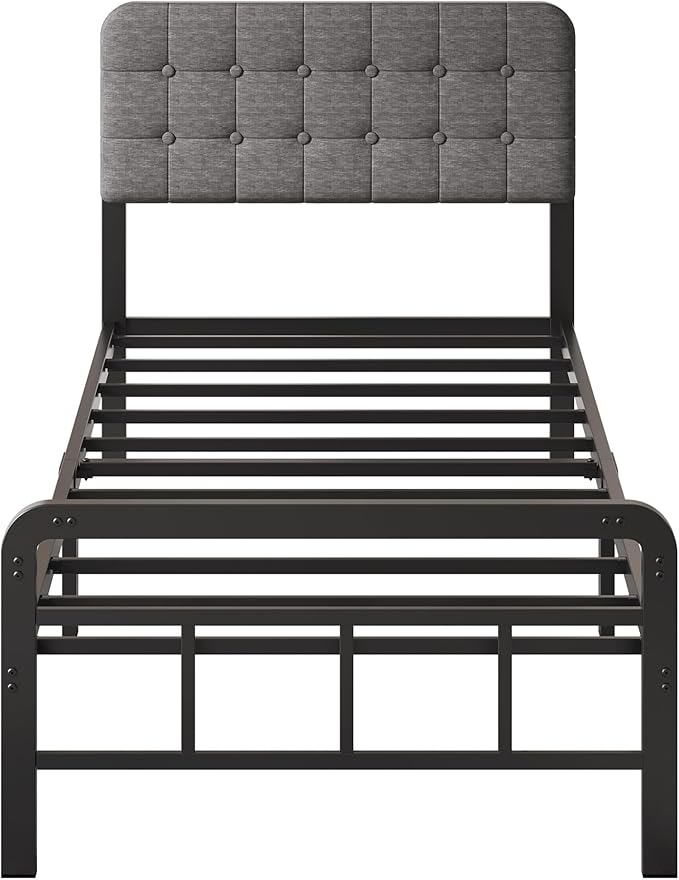 12 Inch Twin Bed Frames with Upholstered Headboard and Metal Footboard, No Box Spring Needed, Heavy Duty Twin Metal Mattress Foundation, Noise Free, Easy Assembly