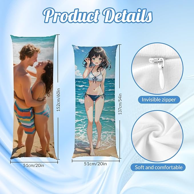 Custom Body Pillow, Body Pillow Case, Double-Sided Design, Custom Pillows with Picture, for Birthdays, Valentine's Day, Christmas, Wedding Anniversaries（54in*20in）