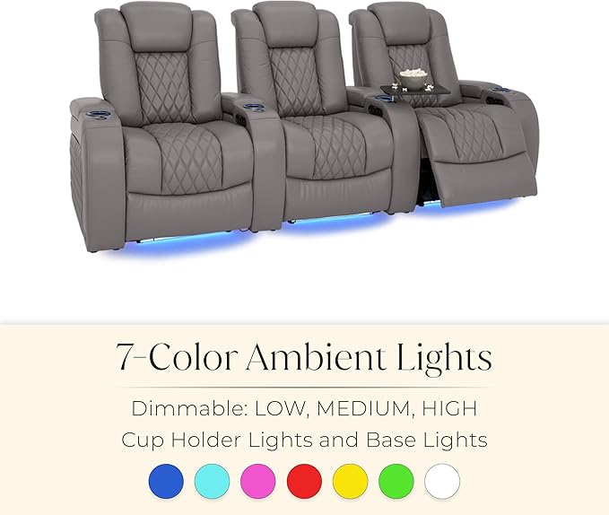 Seatcraft Diamante Zero-Gravity CoolZero Italian Leather Home Theater Seating, Power Headrest, Power Recline, Row of 3 Left Loveseat, Gray