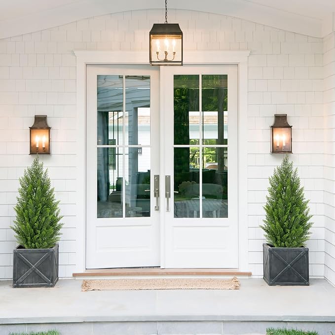 Briful 2PCS 3ft Artificial Cedar Topiary Trees in White Planter – Compact Faux Evergreen Potted Plants with Dense Realistic Layered Leaves, Lifelike Fake Trees for Home, Office, Patio, Porch