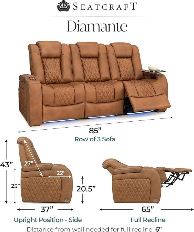 Seatcraft Diamante Zero-Gravity CoolZero Italian Leather Home Theater Seating, Power Headrest, Power Recline, Row of 3 Sofa, Tawny