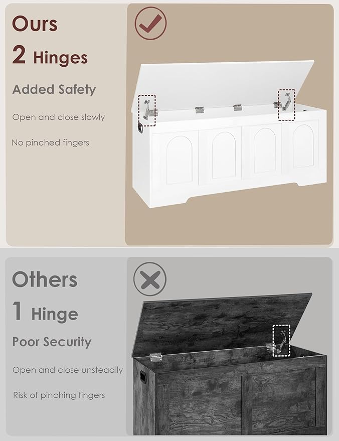 DINZI LVJ Storage Chest, 50” Extra Large Storage Bench with 2 Safety Hinges, Wooden Toy Box with Flip-Top, Large Trunk for Living Room, Playroom, Easy Assembly, White