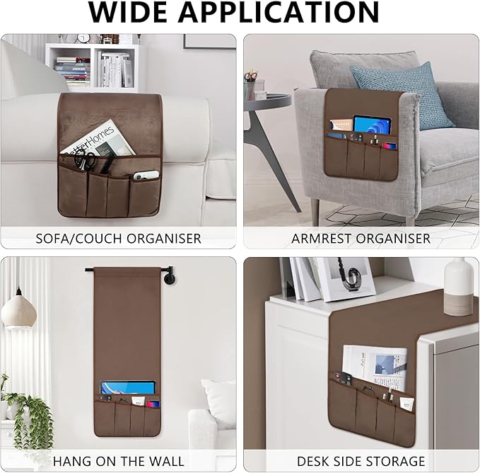 WETRBWEH Remote Control Holder for Armchair, Couch Caddy Organizer TV Remote Holder for Bed Storage 5 Pockets, Remote Caddy Bedside Organizer Bedside Table Organizer (Brown, 35"x12.4")