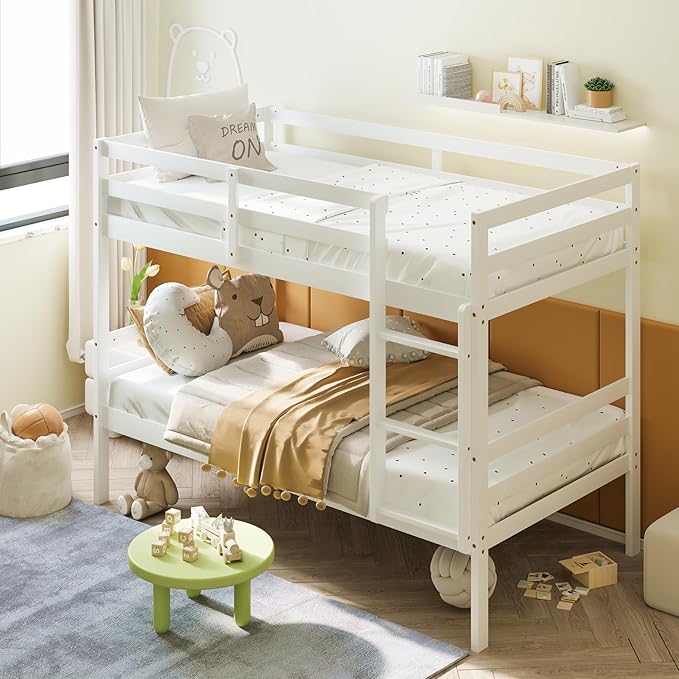 Giantex Bunk Bed Twin Over Twin White, Solid Wood Bunk Bed with Sturdy Ladder & 12 Inch Safety Guard Rails, Twin Size Wood Bed Frame for Dormitory, No Box Spring Needed, Bunk Beds for Kids Teens