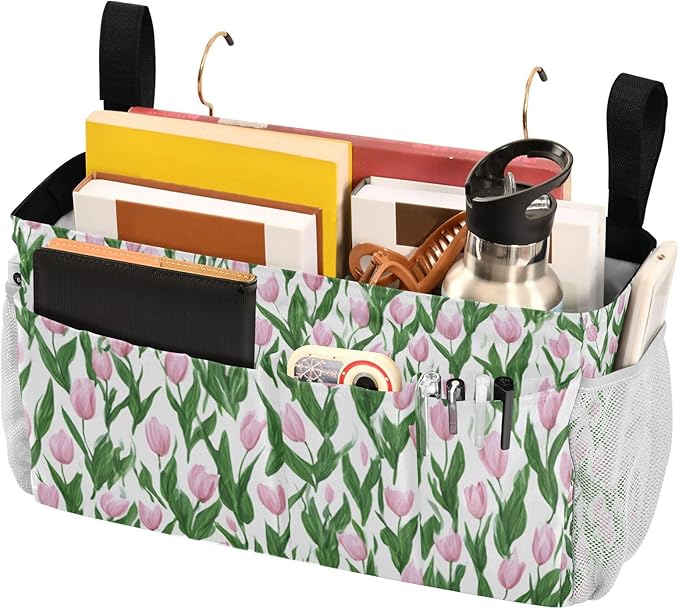 Bedside Caddy Hanging Bunk Bed Caddy Bed Organizer Hanging Pocket with 2 Hooks Bedside Storage Organizer Pocket Bag Holder Small Tulips Pink