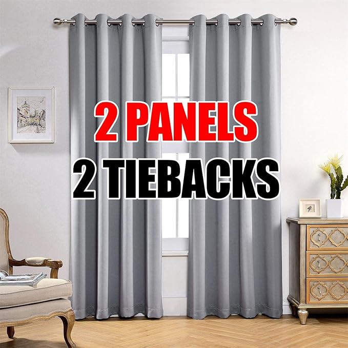 MIUCO Room Darkening Soild Grommet Blackout Curtains for Kids Bedroom Window Curtains Set of 2 52x84 Inch Silver, Bonus 2 Tie Backs Included