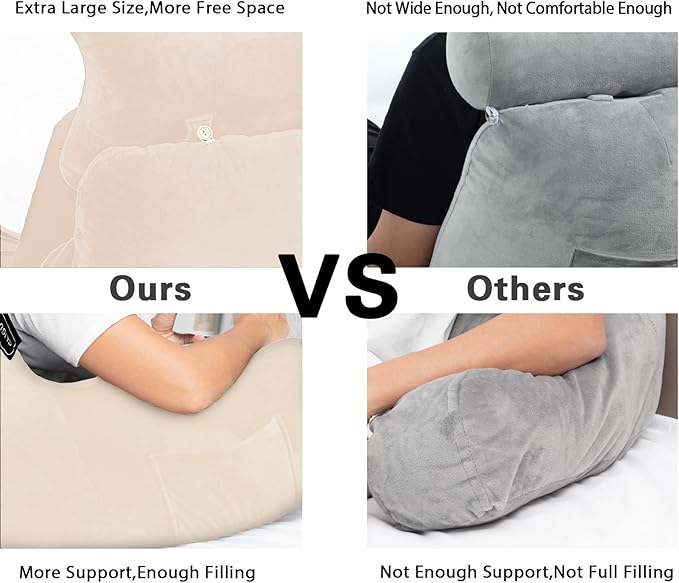 Reading Pillow-Extra Large 31" Bed Rest Pillow with Detachable Neck Roll & Arms for Sitting in Bed or Couch-Backrest Reading Pillow Adult Back Pillows for Reading/Watching TV/Gaming/Relaxing-Beige