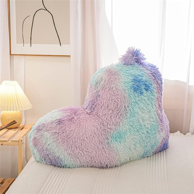 Holawakaka Large Shags Bed Rest Pillow with Arms,Tie Dye Reading Pillows Perfect for Adults Teens Men Women,Arm,Back,Pregnancy Lumbar & Head Neck Coccyx Lower Back Support Cushion (Blue Purple)
