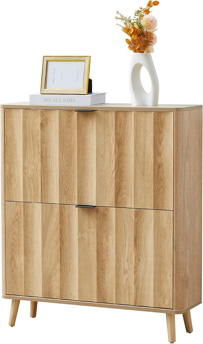 31.5” Fluted Shoe Cabinet Storage with 2 Flip Drawers,Narrow Freestanding Shoe Storage Organizer,Slim Shoe Rack Cabinet for Entryway,Hallway (Natural)