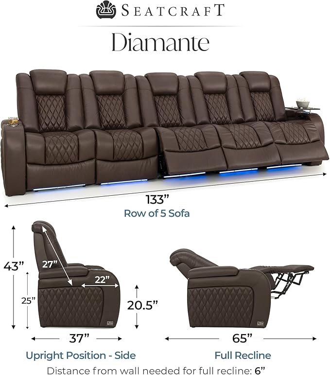 Seatcraft Diamante Zero-Gravity CoolZero Italian Leather Home Theater Seating, Power Headrest, Power Recline, Row of 5 Sofa, Brown