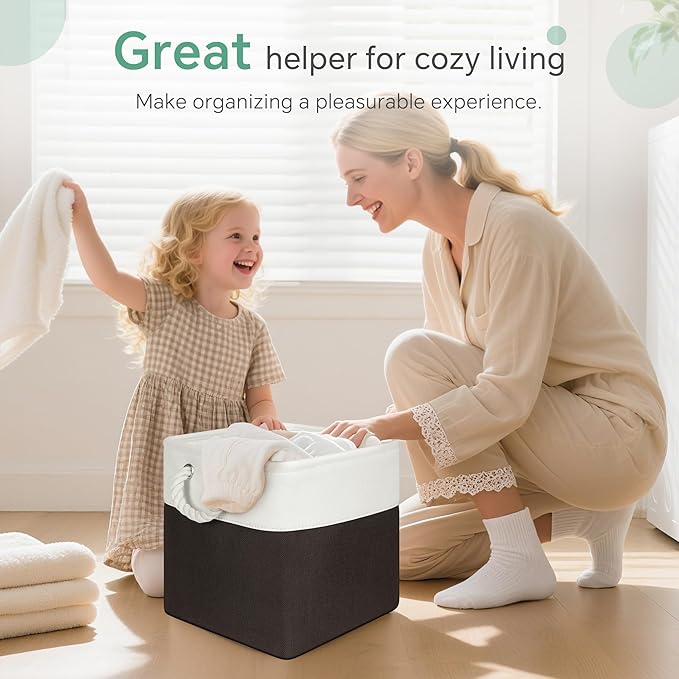 Large 11x11 Inch Cube Storage Bins with Cotton Handles for Closet, Shelves, Clothes, Towel (White/ Black-6 Pack)