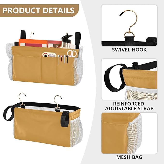 KOPIRIT Mustard Yellow Bedside Caddy Storage Bag Bedside Organizer for Bunk Bed Headboards College Hanging Bag Bedside Shelf 6 Pockets with Hooks for Magazine Water Bottle Holder