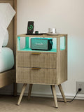 Nightstand with Charging Station and LED Lights, Modern Bedside Table with 2 Storage Drawer and Open Wood Shelf for Bedroom and Small Spaces, Night Stand with Solid Wood Legs