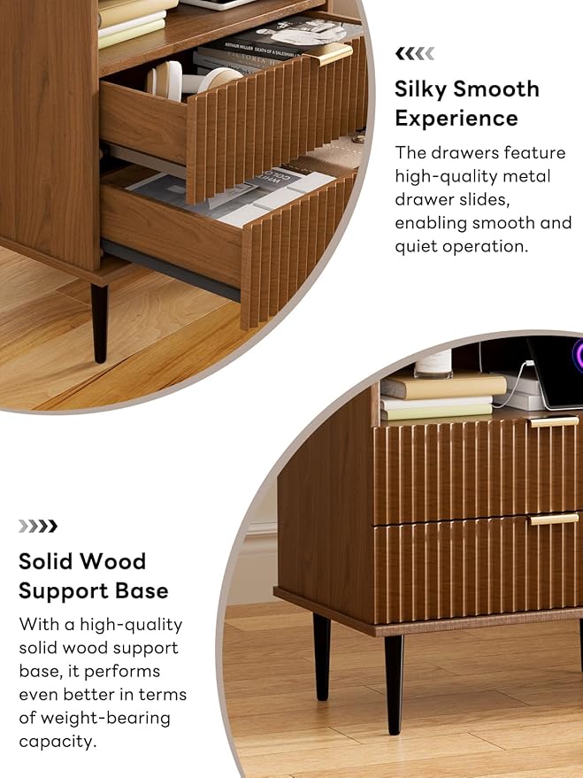 Modern Nightstand with Charging Station, 2-Drawer Fluted Wood Bedside Table with USB, Type-C & AC Outlets, Metal Legs, Perfect for Your Bedroom (Walnut, 23.3)