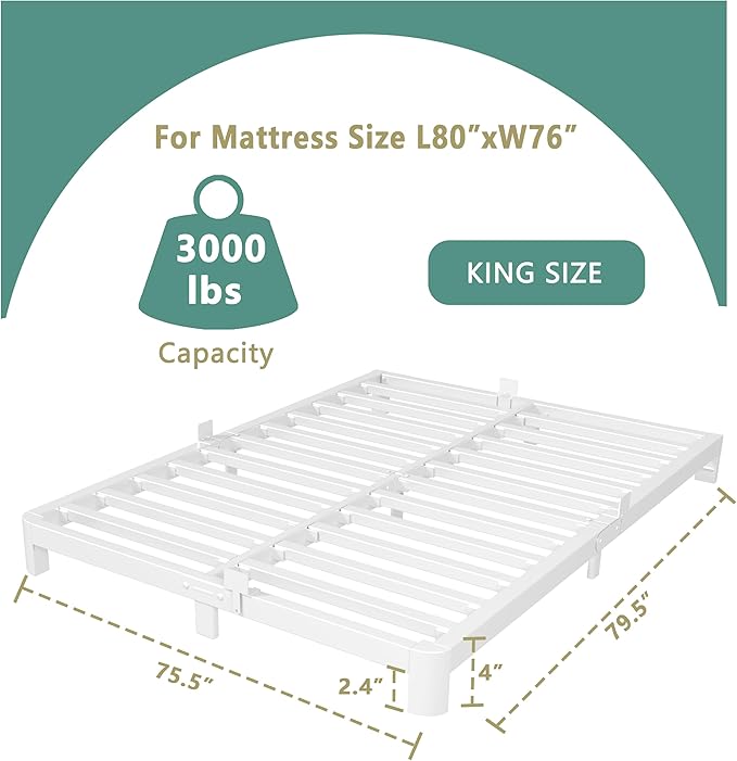 ITIMIDI 4 Inch White King Size Bed Frame, Metal Platform Bed Frames with Metal Gaskets, Heavy Duty Steel Support 3000 LBS, No Box Spring Needed, Anti-Slip Mattress Stopper, Easy Assembly