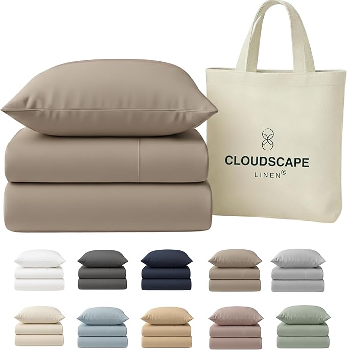 Cloud Scape Linen 100% Egyptian Cotton Sheets Twin Size, 3 Pieces Luxury Bedding Set, 400 Thread Count,Hotel Quality, Silky Soft, Breathable and Durable, Deep Pockets up to 15, Taupe
