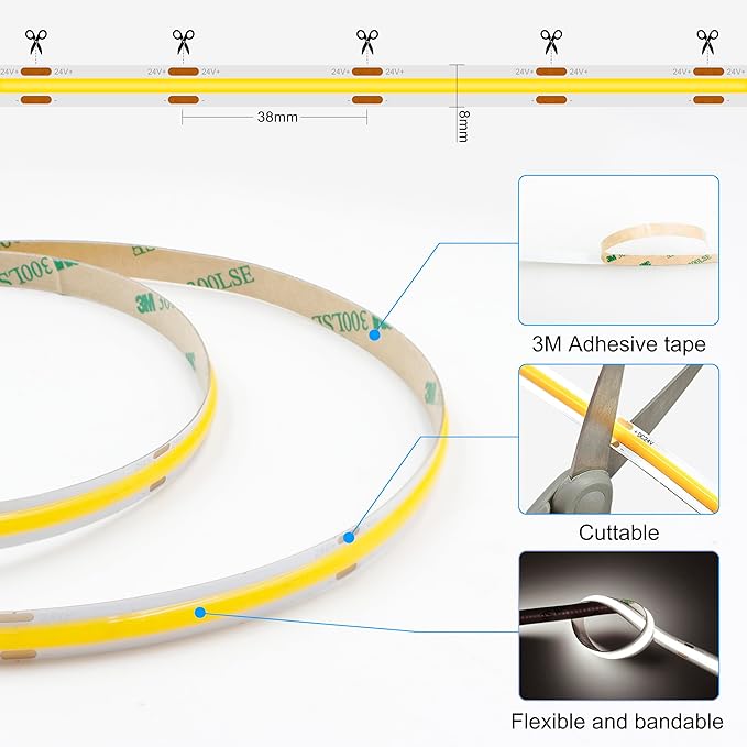 32.8ft COB LED Strip Lights 4000K Dimmable, High CRI 93+ with Power Adapter, Flexible Light Strips for Bedroom, Room, Kitchen, Mirror （Remote Control not Included）