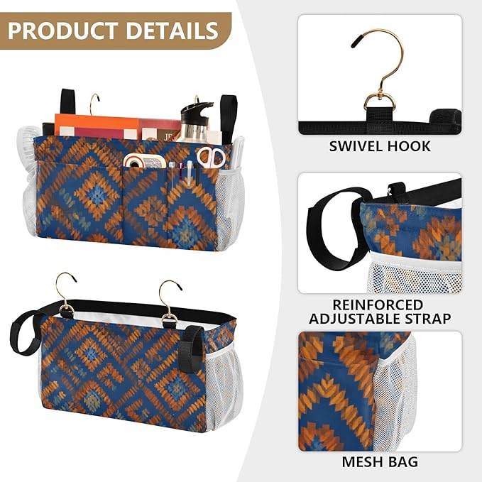 Bedside Caddy Hanging Bunk Bed Caddy Bed Organizer Hanging Pocket with 2 Hooks Bedside Storage Organizer Pocket Bag Holder Blue Orange Diamond Tie-dye