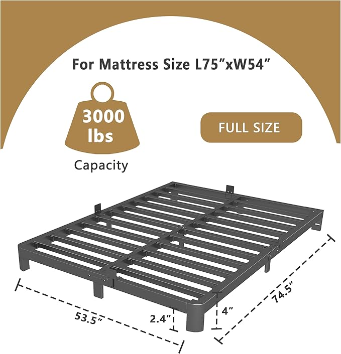 ITIMIDI 4 Inch Full Bed Frame, Platform Bed Frames with Metal Gaskets, No Box Spring Needed, Heavy Duty Steel Slat Support, Anti-Slip Mattress Stopper, Round Corner Leg, Easy Assembly, Black