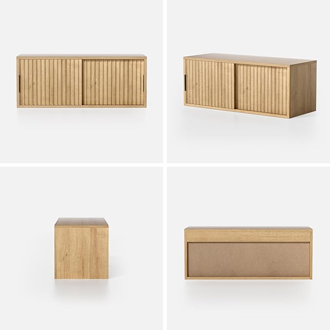 Fluted Wall Cabinet with Sliding Doors, Modern Large Floating Nightstand Storage Shelf Bedside Tables for Bedroom, Study Room Natural Oak