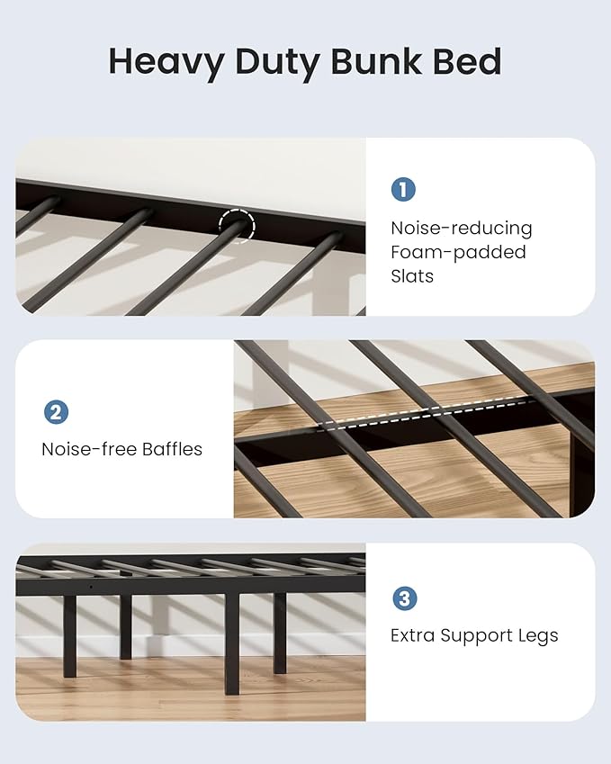 Queen Over Queen Bunk Bed for Adults & Teens, Heavy Duty Metal Bunk Bed with EVA Anti-Slip Ladder & Full-Length Guardrails, Noise-Free Queen Bunk Bed Frame with Under-Bed Storage, Black