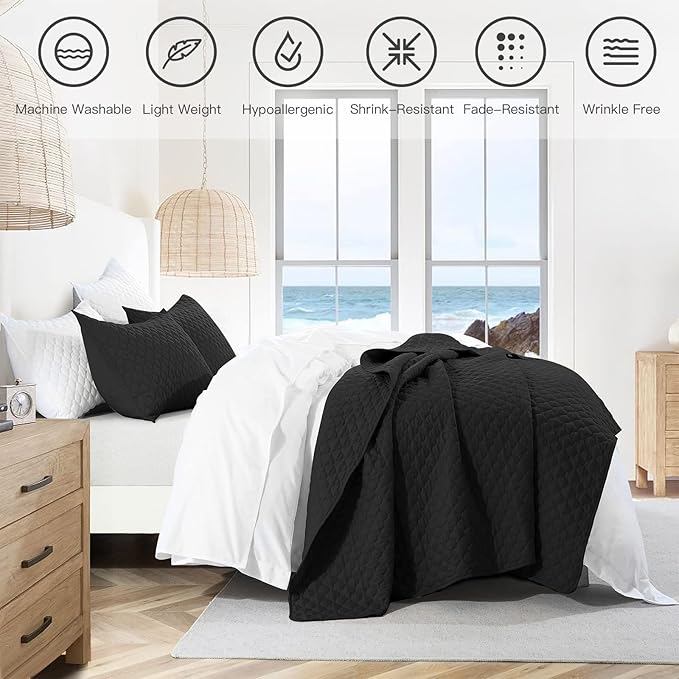 HORIMOTE HOME Quilt Set King Size, Black Bedspread with Clouds Pattern, Soft Coverlet Set Lightweight Microfiber Quilted Bedspread for All Season, Includes 1 Quilt and 2 Pillow Shams
