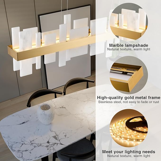 Alabaster Rectangle Chandelier, Natural Spanish Stone Texture Chandeliers, 46.8" Adjustable Alabaster Chandelier Over Table for Dining Room, Bedroom, Island– Modern Luxury Ceiling Lighting
