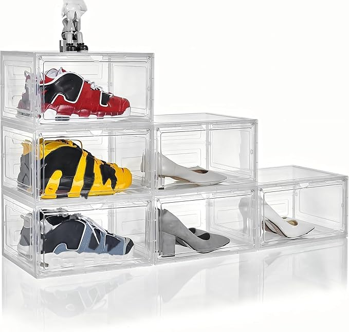 Clear Shoe Box Plastic Stackable Upgraded 6 Pack Shoe Storage Box Organizer with Clear Large Magnetic Door for Display Sneakers Easy Assembly, White