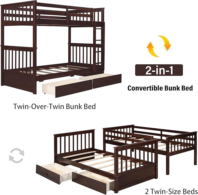 Merax Wood Bunk Bed with Drawers,Convertible Wood Bunk Bed with Ladders and Two Storage Drawers,Solid Wood Detachable Bed Frame with Ladders,Twin Over Twin Size,Espresso