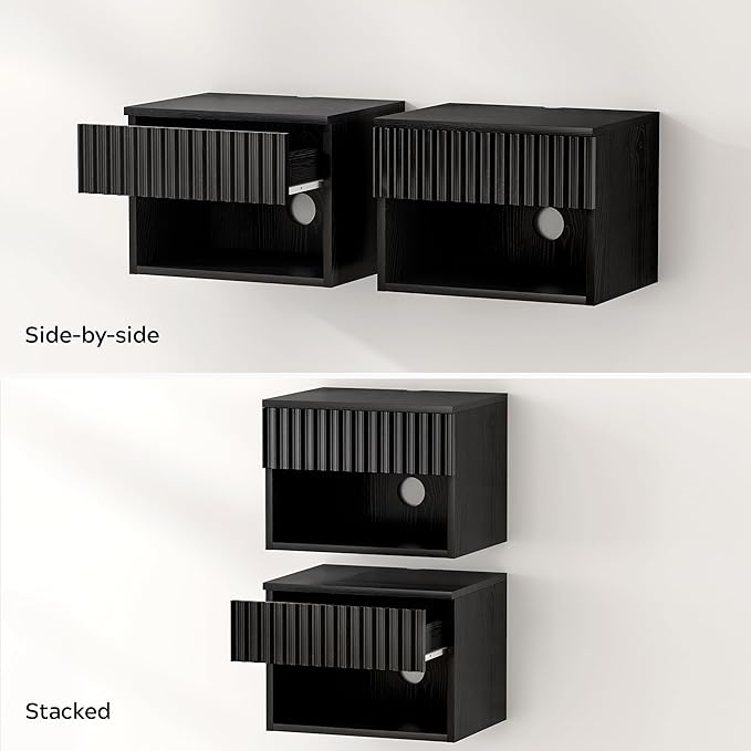 Fluted Floating Nightstand Set of 2 with Drawer, Modern Night Stand with Fluted Door and Open Storage Shelf Wall Mounted Bedside Table for Bedroom, Entryway Black