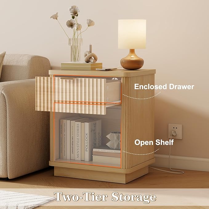 LYNCOHOME Fluted Nightstand Set of 2 with Charging Station, Bedside Table for Bedroom with 1 Drawer Storage, Night Stand for Bedroom（Natural）