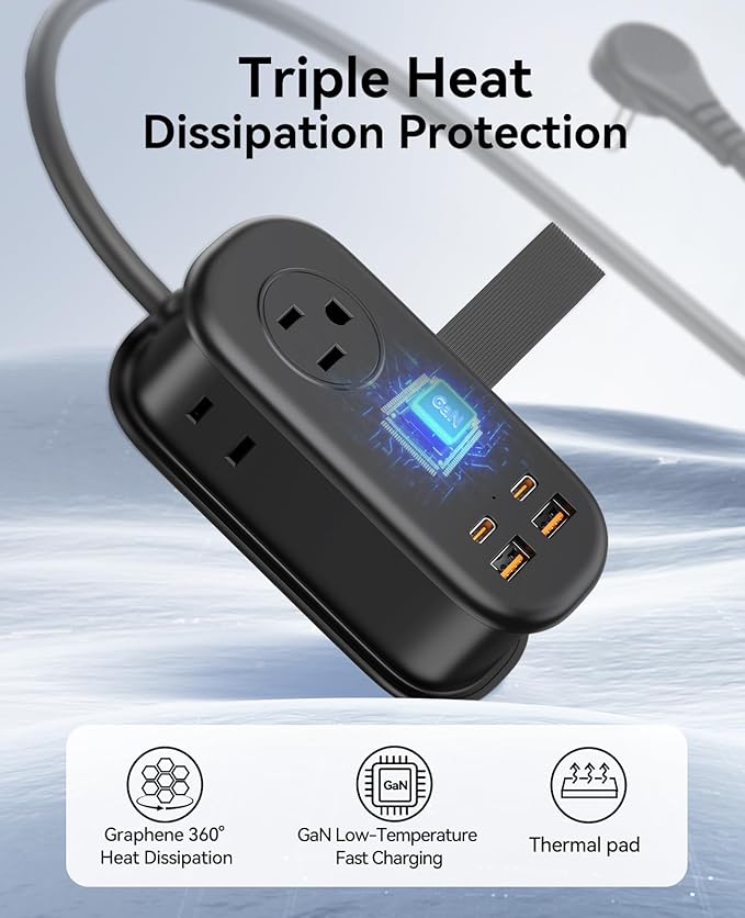 ORICO 65W GaN Travel Power Strip with 7-in-1 Charging Ports (3 AC Outlets/2 USB-A/2 USB-C), Flat Plug and 4FT Extension Cord, Fast Charger for MacBook Pro/Air, iPad Pro, iPhone 17/16/15 -AP3