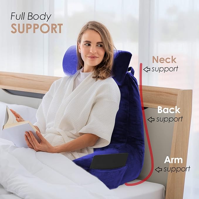 Nestl Reading Pillow with Shredded Memory Foam Includes 2 Neck and Lumber Support Pillows, Designed for Sitting Up in Bed and Couch, Back and Arms Adjustable Support for Adult & Teens, Royal Blue