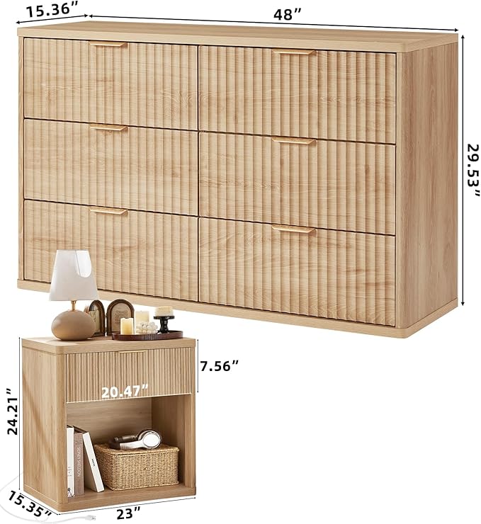 LEYAOYAO 48" Wide Fluted Dresser and 1 Drawers 23" Nightstand Set of 2, Wooden Dresser & Night Stand with Charging Station, 3 Piece Bedroom Furniture Set, Chest of Drawer for Living Room,Natural Wood