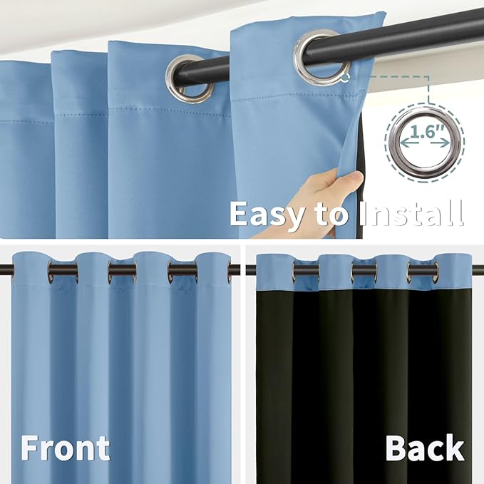 BGment Thermal Insulated 100% Blackout Curtains for Bedroom with Black Liner, Double Layer Full Room Darkening Noise Reducing Grommet Curtain (42 x 84 Inch, Denim Blue, 2 Panels)