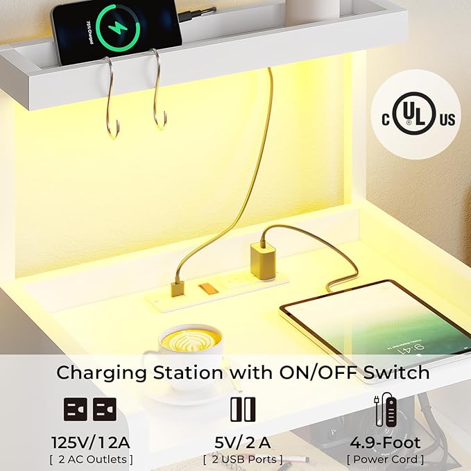 VIAGDO Nightstand Set of 2 with Charging Station and LED Lights, White Night Stand with Drawer, Modern End Side Table with Open Storage Shelves, Bedside Tables for Bedroom, Office