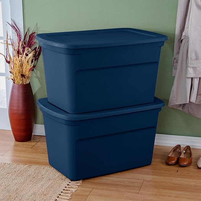 Sterilite 18-Pack Tote, Plastic Storage Bins with Snap Lids, 30 Gallon, Marine Blue - Stackable Home Organizers with In-Molded Handles for Bedroom, Garage, Basement and Attic