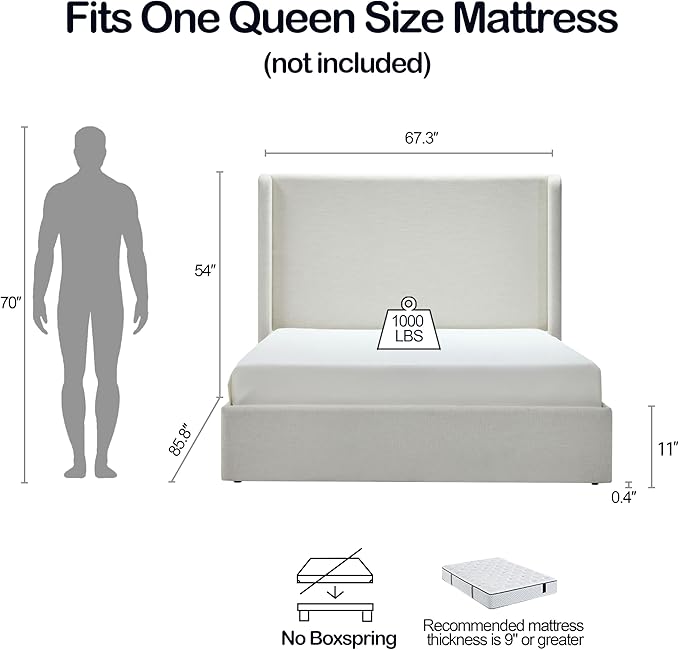 Queen Size Upholstered Bed Frame, Harper 54" Tall Headboard Platform Beds, Wingback Headboard Bedframes/No Box Spring Needed/Easy Assembly/Elegant Simplicit, Textured Ivory Canvas Chenille