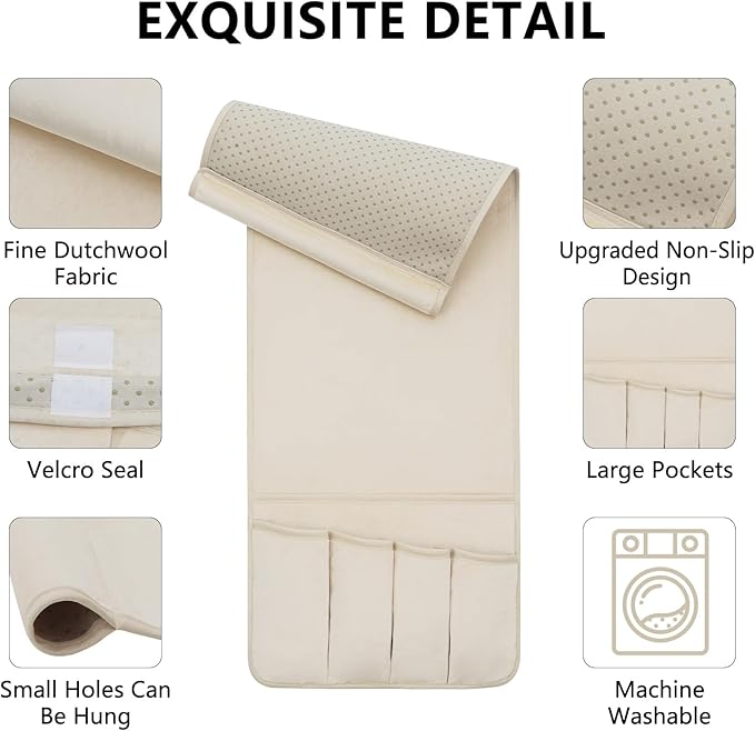 WETRBWEH TV Remote Control Holder Couch Caddy, Non-slip Bedside Caddy Organizer with 5 Pockets for Key Glasses Phone Magazine Holders (Beige, 35"x12.4")