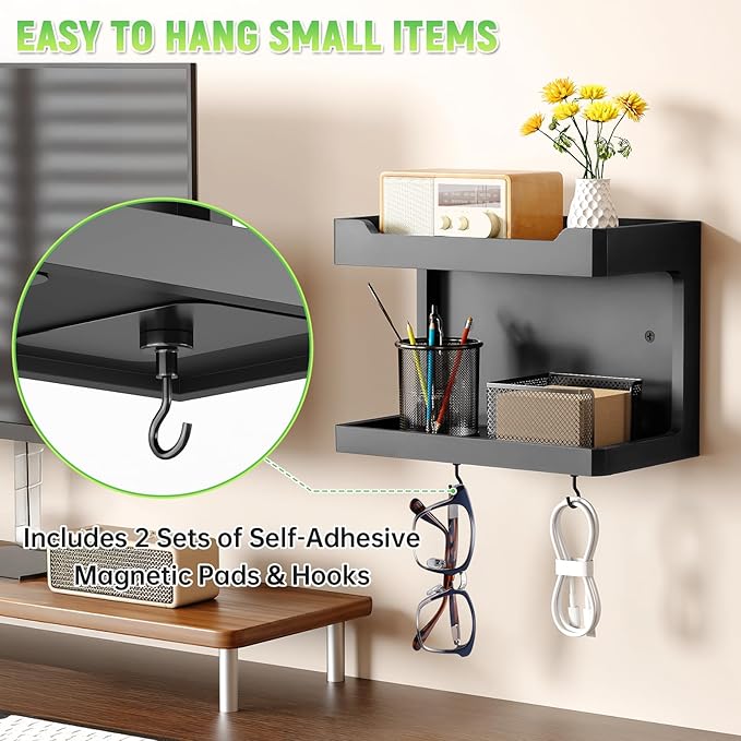 NiHome Large Wall Mounted Wooden Bedside Organizer, Double Storage Shelves & Magnetic Hooks, Solid Wood Bedside Shelf for Phone Glasses Remote Keys, Space-Saving Wall Rack for Bedroom RV Dorm (Black)