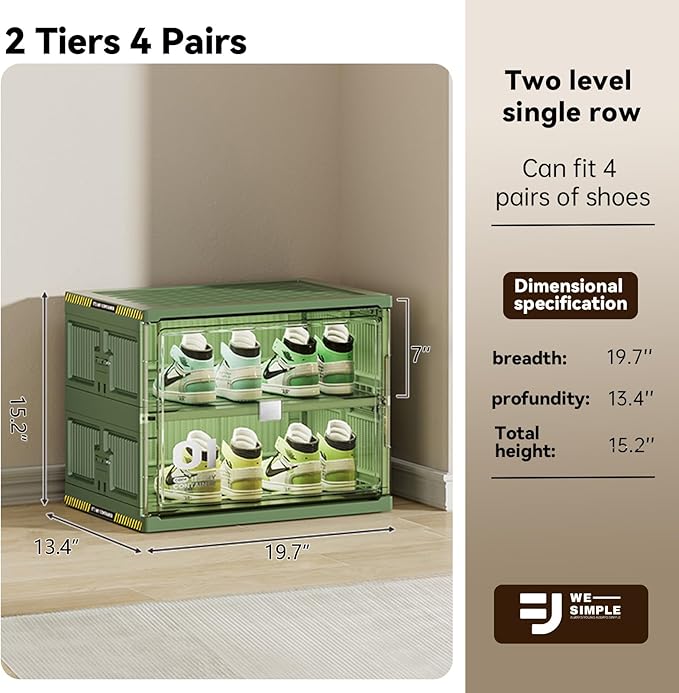 Portable Shoe Storage Cabinent of 3-Step Fast Installation,Green Foldable Shoe Organizer Box with Magnetic Clear Door for Entryway, Enclosed Shoe Rack for Sneaker, Heels etc.. (Green, 1Row 2Tier)