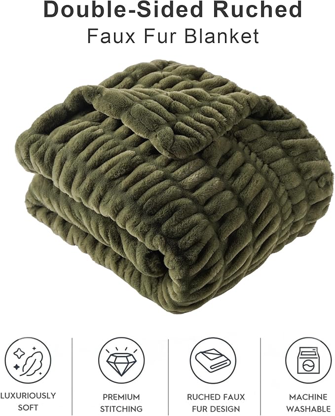 BATTILO HOME Olive Green Faux Fur Throw Blanket for Bed, Double Side Reversible Ruched Faux Rabbit Fur Throw for Couch, Bed, Super Soft Blanket Cozy Warm Mink Blanket, 50"x60"