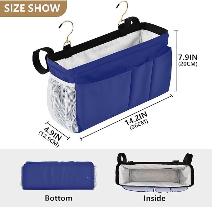 Blue Bedside Caddy Storage Bag Bedside Organizer for Bunk Bed Headboards College Organizer Caddy Hanging Shelf 6 Pockets with Hooks for Book Glasses Phone Holder