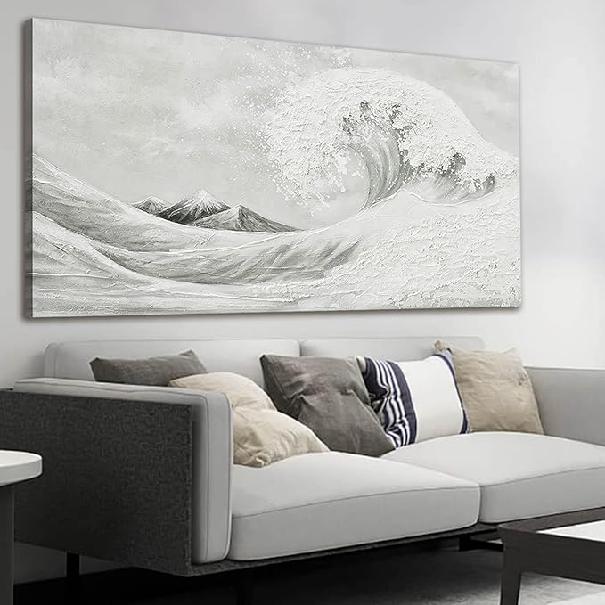 YETHEN WAL Neutral Grey Wave Wall Art – Textured Coastal Canvas Print with Hand-Painted Details, Minimalist Modern Seascape for Living Room Bedroom, 24×48 Inch