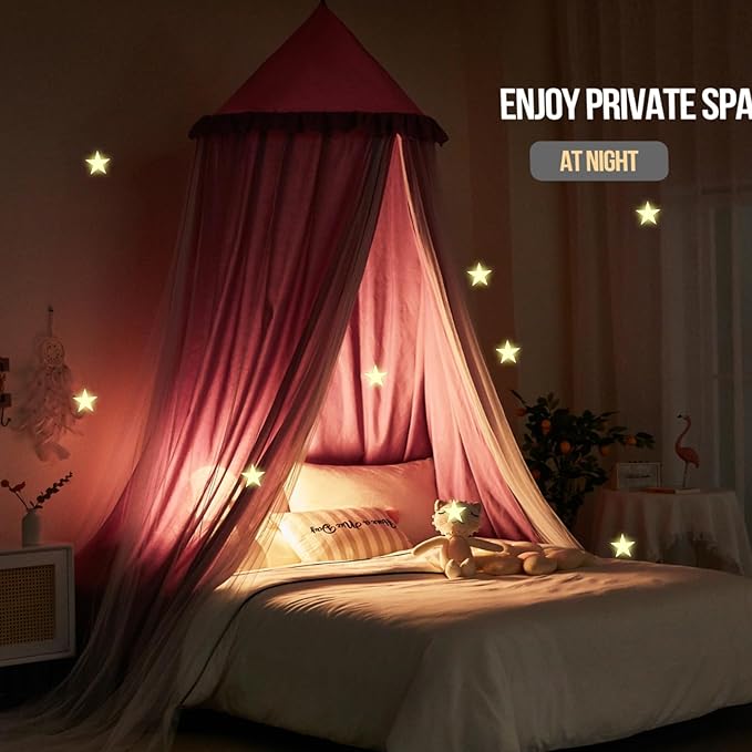 Kertnic 31.5inch Large Dome Bed Canopy for Girls, Double Layer Dreamy Ruffle Princess Canopy, Bedroom Hanging Tent Kids Reading Nook Canopies,Full Queen Bed Canopy Curtain (Dark Magenta-Purple)