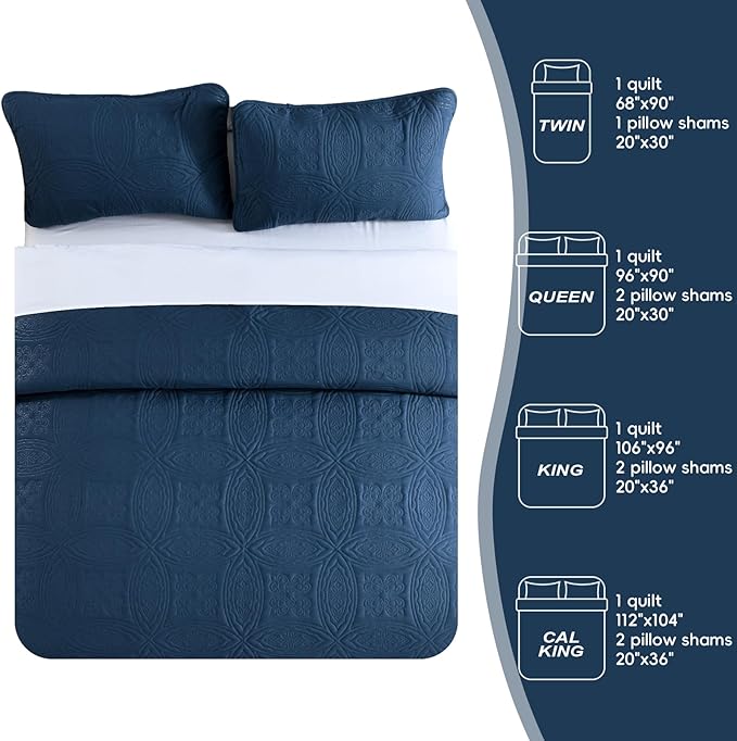 Yiran Navy Blue Quilt Set Queen Size Lightweight Bedspread Embossed Pattern Soft Microfiber Coverlet for All Season with 2 Pillow Shams (96"x90")